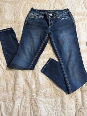 Maurices Dark Blue Skinny Jeans with Fading and Contrast Stiching